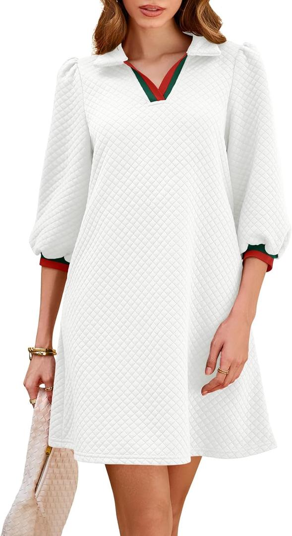 Wenrine Womens 3/4 Sleeve Mini Dress Casual V Neck Collared Textured Loose Fall A Line Argyle Dresses with Pockets (White, Small)