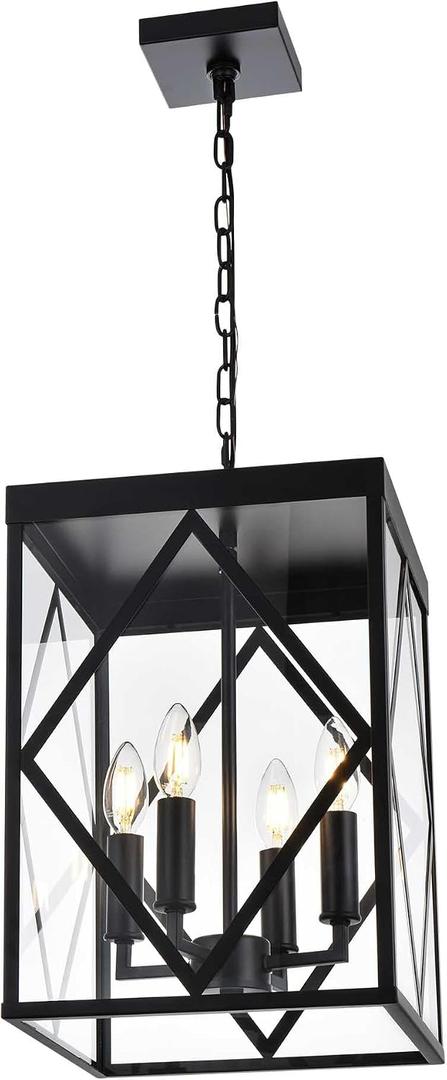 Outdoor Pendant Light 4 Lights Modern Outside Chandelier Outdoor Hanging Lantern Light with Clear Glass, Matte Black Exterior Pendant Lighting Fixture for Porch, Yard, Gazebo