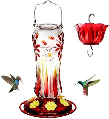 Kingsyard Hummingbird Feeder for Outdoors Hanging, 25 Ounces, Glass Humming Bird Nectar Feeder with Ant Moat & 6 Feeding Ports, Leak Proof, Royal Red