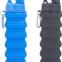 Collapsible Water Bottles Travel water bottle Sports Portable Sport Water Bottle Reusable Water Bottles comes with mountaineering Buckle 500ml silicone Water-proof camping water bottle (Blue+Grey, With Foldable Cups)