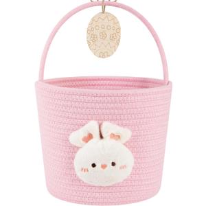 OIAHOMY Gift Basket with Handle, 9.8" x 7.9" x 7.9", Personalized Baby Basket for Kids, Woven Rope Gift Empty for Toys, Baby Treasure Hunt Baskets with Wooden Card for Boys and Girls - Pink