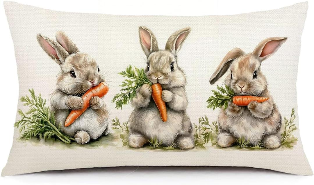 AOFANGGO Easter Pillow Cover 12X20 Inch Bunnies Eatting Carrots Rabbits Decorations Holiday Farmhouse Decorative Spring Pillow Case for Home Sofa Couch
