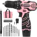 COMOWARE Pink Cordless Drill Set for Women, 12V Lightweight Electric Screwdriver with 3/8" Keyless Chuck, 1.5Ah Battery - Portable Power Drill Kit with Pink Tool Bag for Home DIY Projects