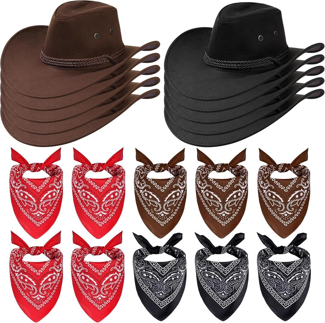 20 Pcs Cowboy Hat and Bandana Vintage Cowboy Costume Set Unisex Cowboy with Bandana Scarf Party Accessories (Black,coffee)
