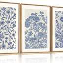 Large Classic Chinoiserie Flower Framed Canvas Wall Art Set,Minimalist Blue and White Floral Wall Decor,Navy Watercolor Botanical Blossom Artwork for Living Room,Bedroom-24 x36 x3