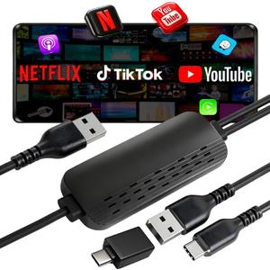 3-in-1 Wireless CarPlay Adapter with Video Streaming, Screen Mirroring & Fast Charging, Enables Net-Flix/YouTube/TikTok via Wired Connection, Plug & Play,Car with Wired CarPlay (Black)