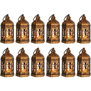 12-Pack Mini Lanterns for Ramadan, Small Decorative Lanterns with Flickering LED Candles for Wedding & Festivals, Hanging Moroccan Lantern for Table Centerpiece, Baby Shower Decor, Bronze