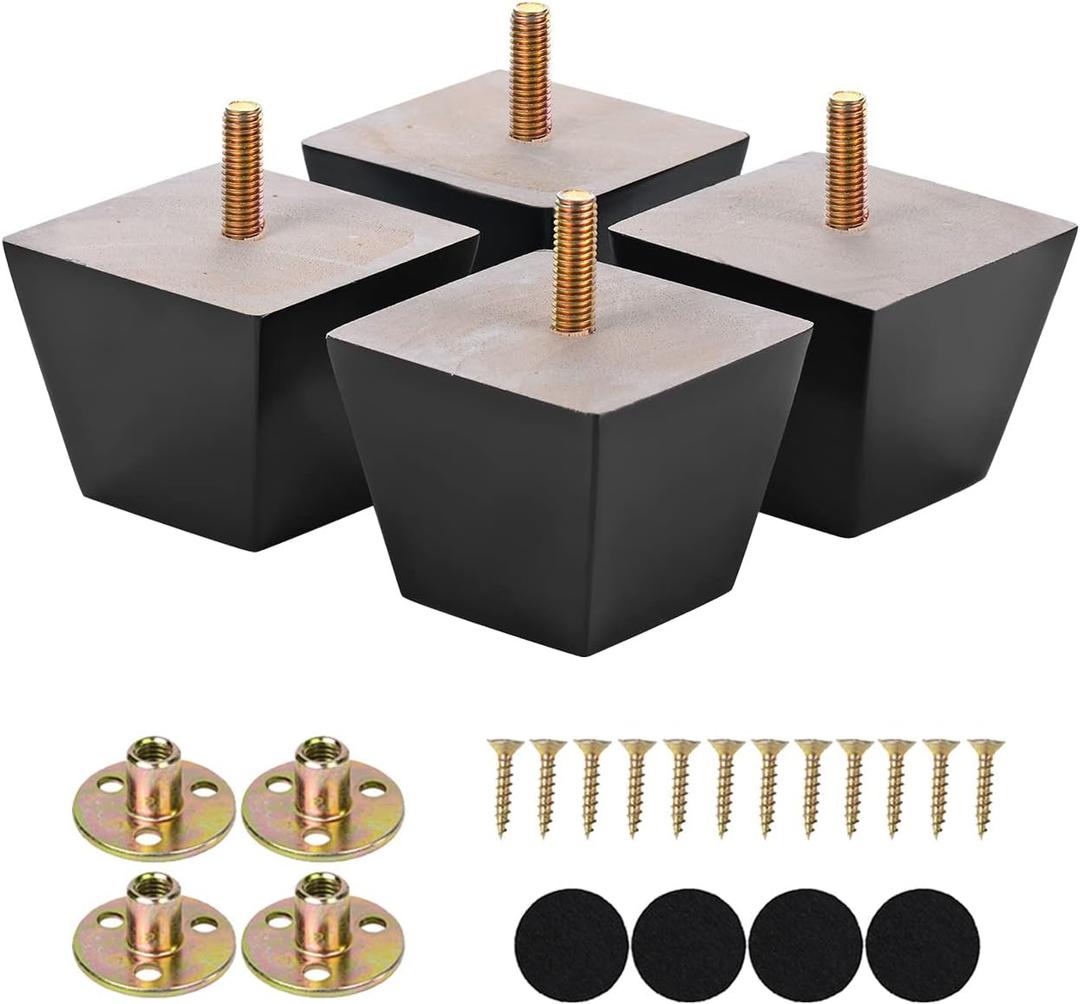 Furniture Legs 2 inch Black Square Sofa Couch Feet Wood Replacement Leg Set of 4 for Ottoman Dresser Cabinet
