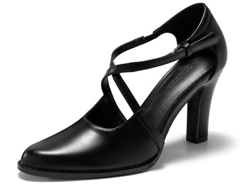 Coutgo Womens Chunky High Heels Dress Shoes Closed Pointed Toe Cross Strap Buckle Pumps Vintage D'Orsay Party Shoes, Black, Size 7