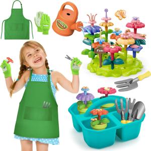 deAO Toddler Gardening Set Kids Gardening Kit with Storage Box & Apron - Flower Building Toy Set Outdoor Garden Toys for Toddlers Boys Girls Ages 3-12 Educational Birthday Gift(Green)