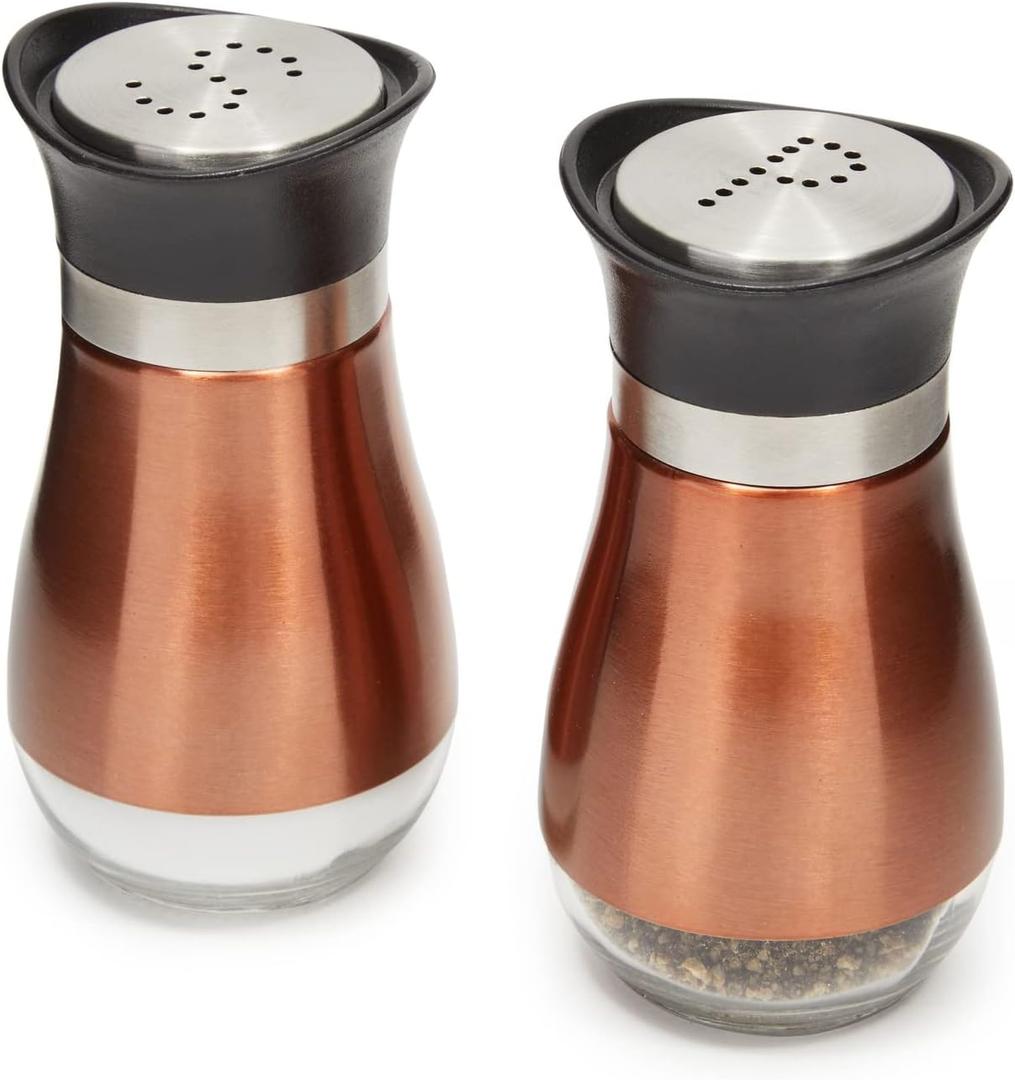 Juvale Stainless Steel Copper Salt and Pepper Shakers Set with Glass Bottom, Screw-Off Caps, Perforated "S" and "P" Designs for Kitchen (4oz) (Gold)
