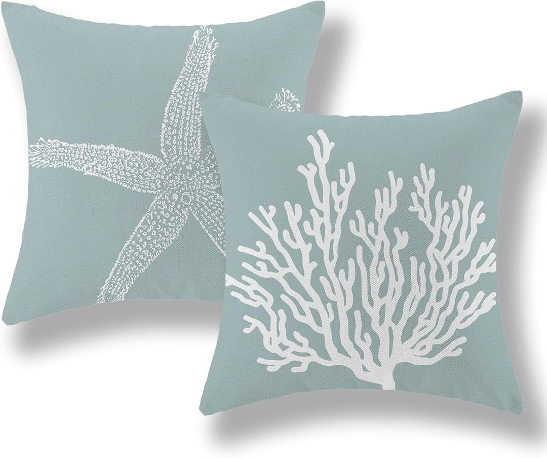 Coastal Pillow Covers 18x18 Inch Set of 2 Blue Coral Starfish Throw Pillows Nautical Ocean Decorations Summer Linen Beach Pillowcase Outdoor Decor Farmhouse Cushion Case for Home Living Room