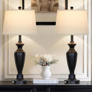 30" Tall Table Lamps Set of 2, Touch Control Bedside Lamp with USB A+C Ports and AC Outlet, 3-Way Dimmable Modern Metal Nightstand Lamp for Bedroom Living Room, 2 LED Bulbs Included, Black