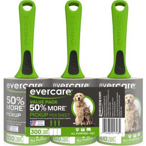 Evercare Pet Hair Lint Rollers All Purpose Use 100 Easy-Tear Sheets Per Roll Reusable Sticky Roller Pets Cat & Dog Hair Remover Contoured Handle For Furniture Clothing & Cars, Set of 3, Green