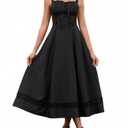 GLNEGE Women's Corset Midi Wedding Guest Dress A line Flowy Lace Dresses Summer Smocked Back Tea Party Sundress Black (Black, XS)