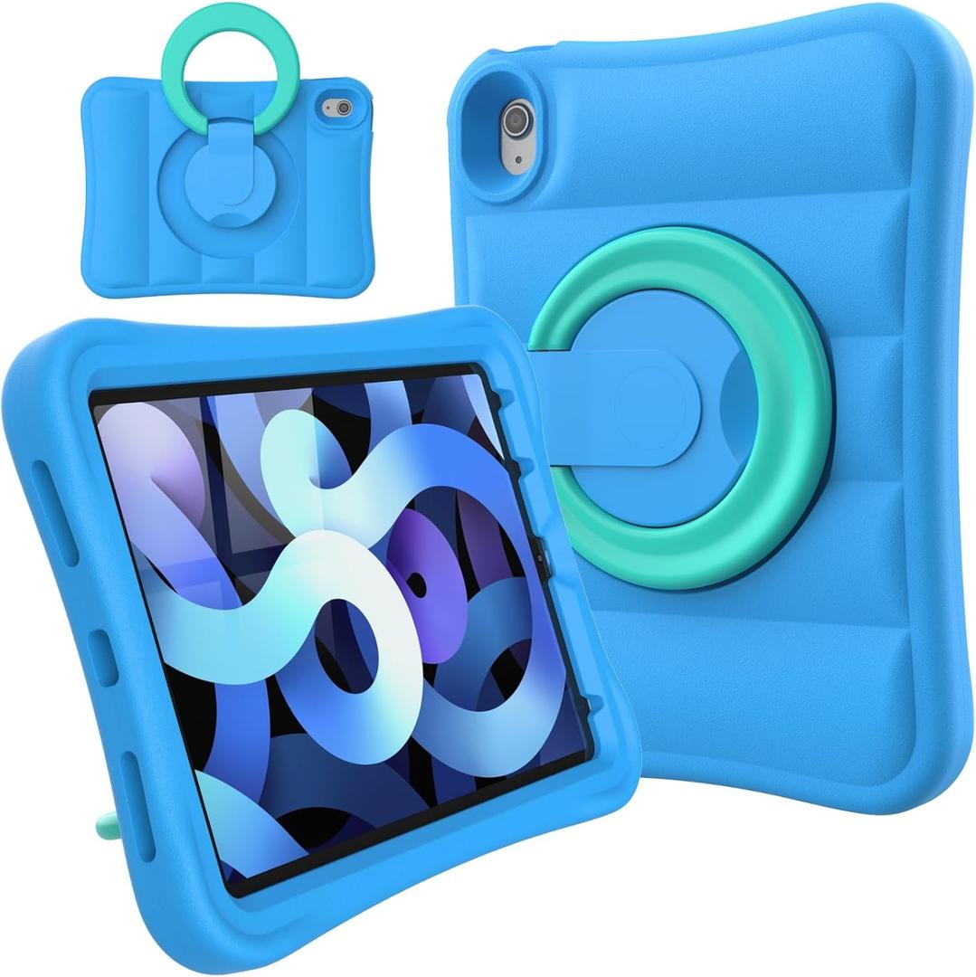 MRWHO Kids Case for iPad Air 5th 4th Generation 10.9 inch  Sturdy Lightweight Rotating Stand Folding Handle Rugged Cover for Apple ipad Air 5 4 Gen Girls Boys, Blue