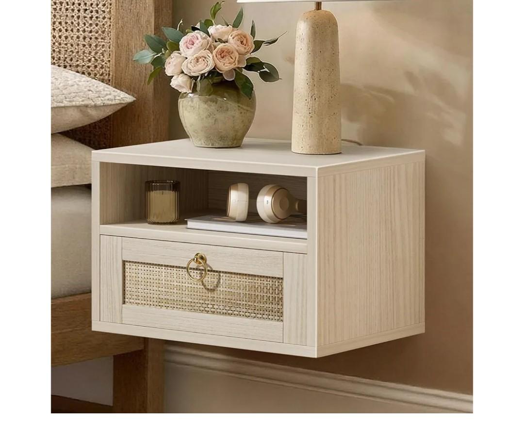 Floating Nightstand with Drawer for Wall Mounted Hanging Rattan Night Stand Bed Side Tables Wooden End Table Small Boho Dressers Farmhouse Shelves for Bedroom