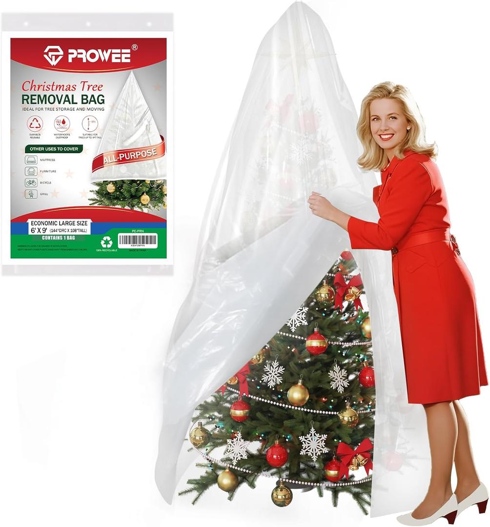 PROWEE White Christmas Tree Bag 7ft9ft, Semi-Translucent Tear-Resistant Christmas Tree Cover for Upright Storage, Moving & Disposal