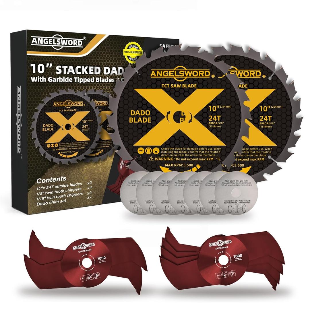ANGELSWORD 10" Stacking Dado Blade Set for Fine Finished Dados, Grooves, and Rabbets, 5/8" Arbor, 15 Pieces