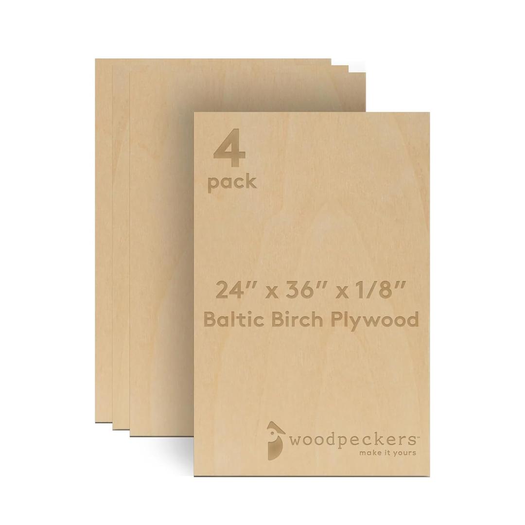 Baltic Birch Plywood 24 x 36 x 1/8 Inch - 3 mm Craft Wood, Pack of 4 B/BB Grade, Stronger Than Basswood Sheets or Balsa Wood, Perfect for Laser, CNC Cutting, Wood Burning, by Woodpeckers