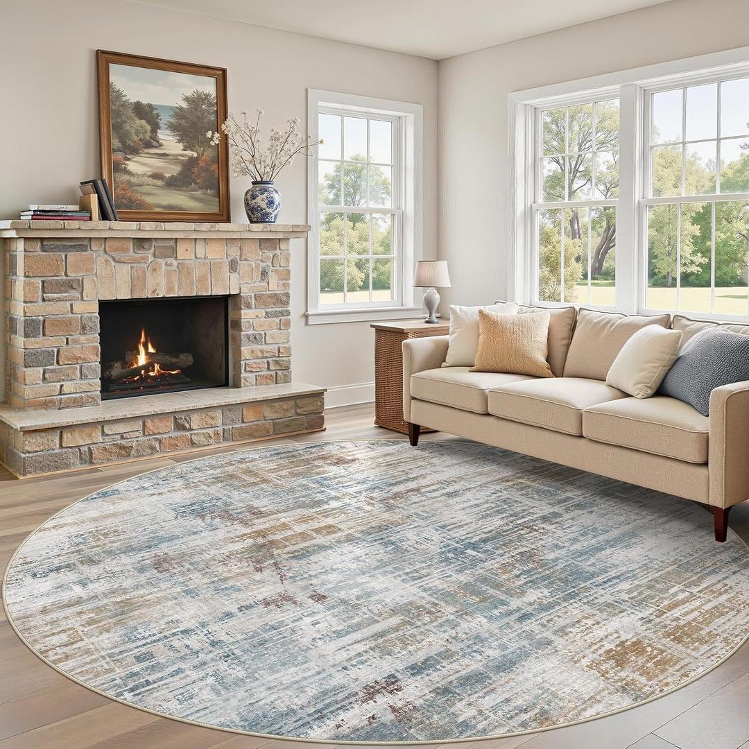 UERMEI 8ft Round Area Rug for Living Room: 8x8 Washable Neutral Abstract Modern Soft Circle Rugs Non Slip Indoor Floor Stain Resistant Carpet for Bedroom Dining Room Office Nursery Blue Brown