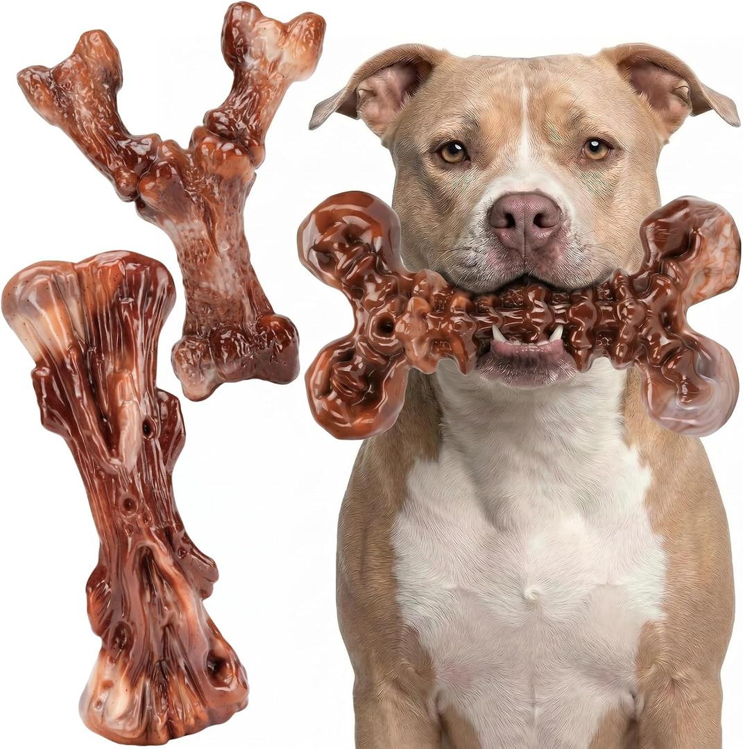 Kseroo 3-Pack Indestructible Dog Chew Toys for Aggressive Chewers: Bacon Flavored Rock-Hard Solid Nylon, Tough Dog Bones for Medium/Large Dogs 25-90lbs, Heavy Duty Dog Toys to Keep Them Busy, Brown-XL