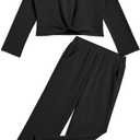 Girls Fall Outfits Tie Knot Crop Tops Wide Leg Pants with Pockets 2025 Winter Sets Active Wear (7-8 Years, Black)