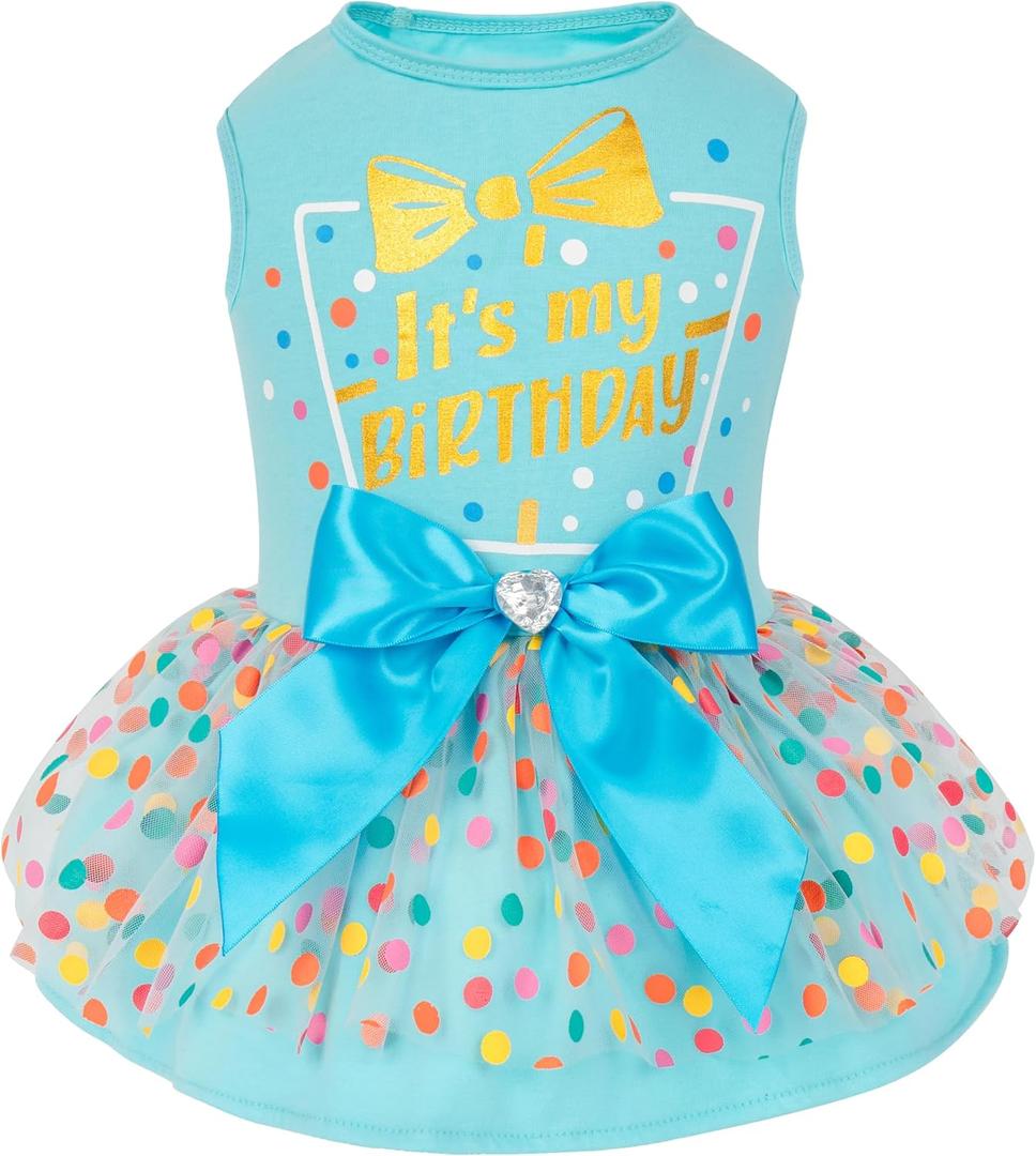 cyeollo Dog Birthday Dress, Soft Tulle Dog Dresses for Small Medium Dogs Girl, Pullover Dogs Clothes with Bowknot, Pet Birthday Party Outfit, Holiday Pet Apparel, Blue L
