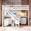 Merax Full Size Wood Loft Bed with Stairs, Built-in Desk, 2 Storage Drawers & Lights, Space Saving Bed for Teens, Adults, Study Loft Bed with Underbed Storage, White
