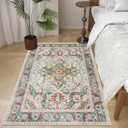 Area Rug 3x5 Machine Washable Area Rugs Non Slip Low Pile Boho Throw Carpet Soft Living Room Rugs Small Vintage Thin Area Rug for Bedroom, Kitchen, Entryway, Office (Cream/ Green)