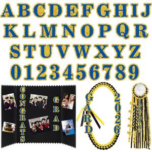 72 Pcs Glitter 2026 Graduation Letters Numbers Cardstock Shiny Crafts Alphabet with Adhesive Dots for Graduation Trifold Photo Board Grad Leis Homecoming Mums DIY Supplies(Blue Gold)