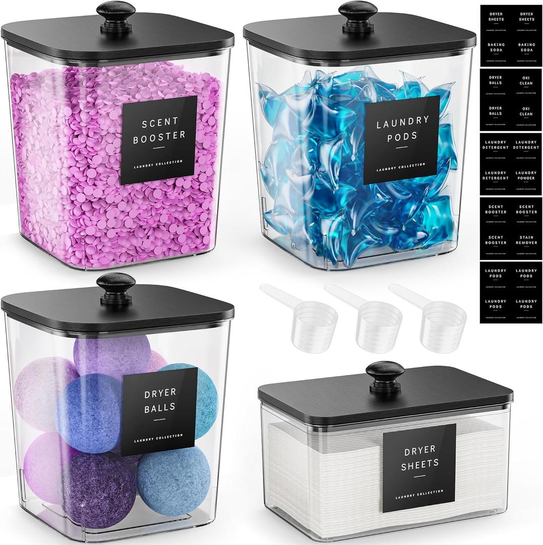 4 Pack Laundry Pods Container, Clear Laundry Room Organization Containers, Large Laundry Detergent Powder Storage Containers Black Wooden Lids & Labels, Acrylic Laundry Pods Holder for Scent Booster