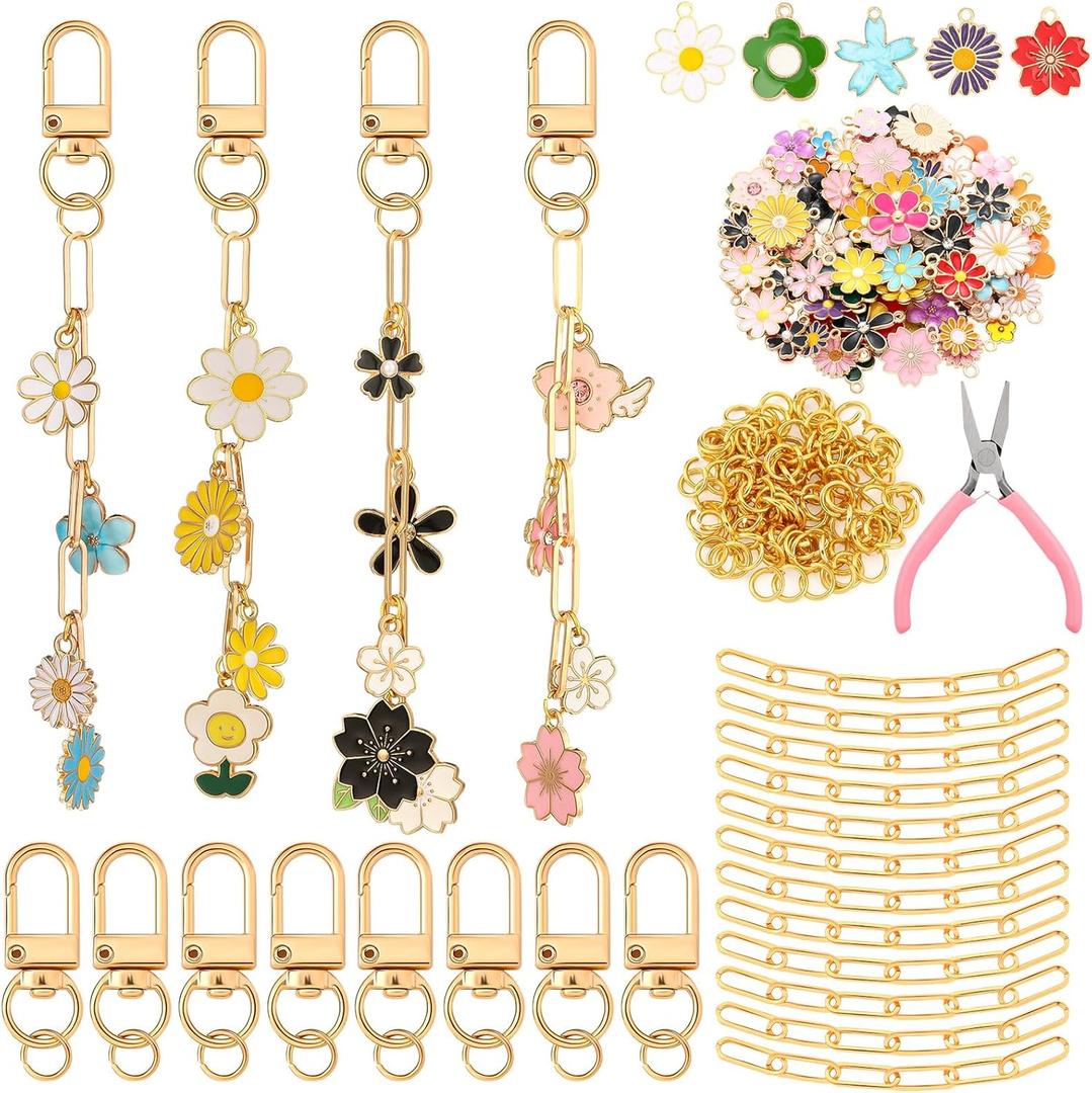Tondiamo 286 Pieces DIY Keychain Making Kit Charm Jewelry Chain Making Crafts with 120 Charms 20 Keychain Clips 120 Jump Rings 25 Extender Chain and Plier for Women Bag Gift(Flower)