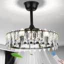 Modern 21" Black Flush Mount Ceiling Fan with Light & Remote - 6 Speeds, Crystal Chandelier Design, E12 Base Bulbs - Crystal Fandelier for Dining Room, Bedroom, Living Room