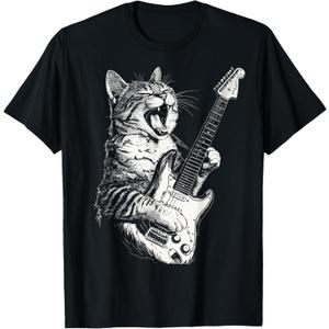 Cat Playing Guitar T-Shirt (2XL, Black)