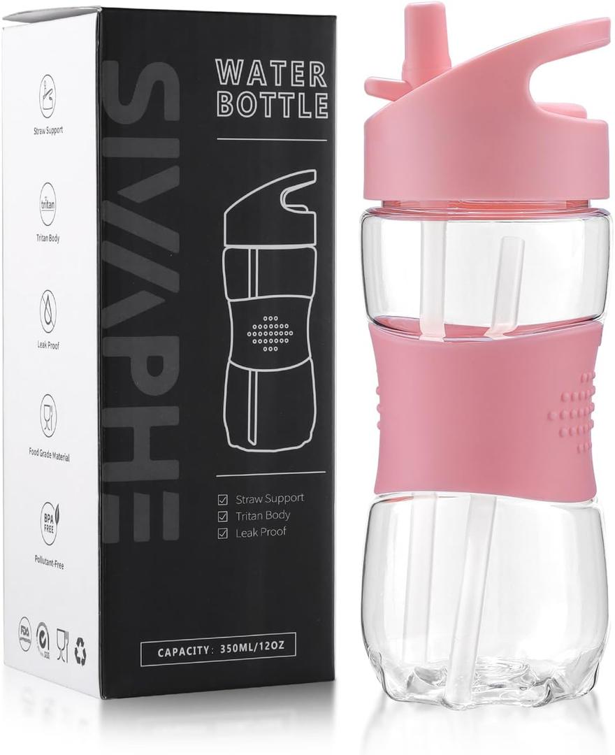 Sivaphe Clear Kids Water Bottle with Straw Cap 12 oz, Portable Leak-Proof Tritan Small Beverage Bottle 350 ml, Transparent Sports Drinking Bottle 350ml for School Girls Lightweight Pink (11.8 Ounces)
