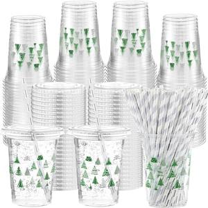 Funnymoom 50 Sets Christmas Disposable Plastic Cups Bulk with Lids Straws 16 oz Silver Green Xmas Tree Plastic Cups Cold Beverage Drinking Container for Xmas Holiday Juice Hot Cold Drinks