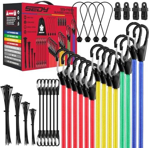 Heavy Duty Bungee Cords with Hooks 129 PCS, 18", 20", 32", 40" Outdoor Rubber Elastic Rope, 4 Canopy Tarps Clips, Small Bungees Rope with Ball, 100 Zip Ties, Mini Cords Carabiner Hook, Storage Bag