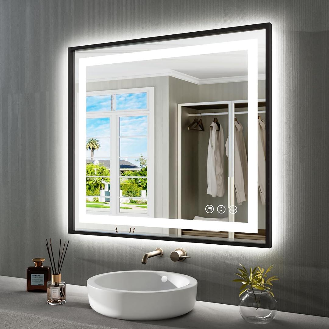 40"X36" LED Bathroom Mirror with Black Frame, Front Lit and Backlit