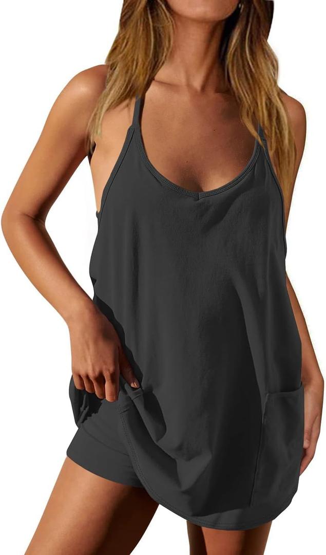 Ebifin Women's Summer Mini Dress Casual Workout Tennis Dress with Shorts Sleeveless Althletic Dresses (Medium, Dark Grey)