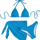 SHENHE Women's 3 Piece Textured High Cut Halter Triangle Bikini Swimsuit with Cover Up (Azure Blue)