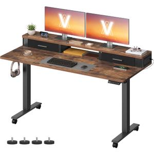VASAGLE Electric Standing Desk with Drawers, Sit Stand Desk with Built-in Power Strip, Adjustable Height, 55.1 x 23.6 Inches, 2 Hooks, Memory Function, for Home Office, Rustic Brown ULSD184KD01