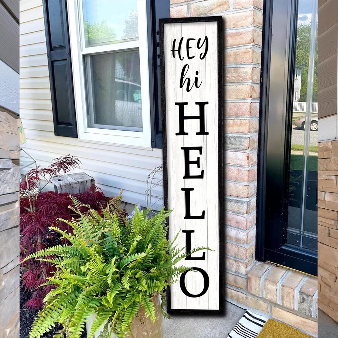 Surfapans Hey Hi Hello Welcome Sign For Front Porch Standing 45"X9" Large Outdoor Tall Wood Frame Vertical Wall Decor Rustic Farmhouse Outside Home Modern Front Door Board Decoration (Black)
