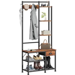 Furologee Coat Rack, Hall Tree with Bench and Shoe Storage, 4 in 1 Entryway Bench, Coat Rack with 3 Shelves and Drawer, Entryway Organizer with 5 Hooks for Hanging, Rustic Brown (6-Tier)