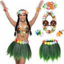 Shihanee Hawaiian Hula Grass Skirt Set Coconut Bra Tropical Leaf Hula Skirt with Artificial Hibiscus Flowers Leis for Women