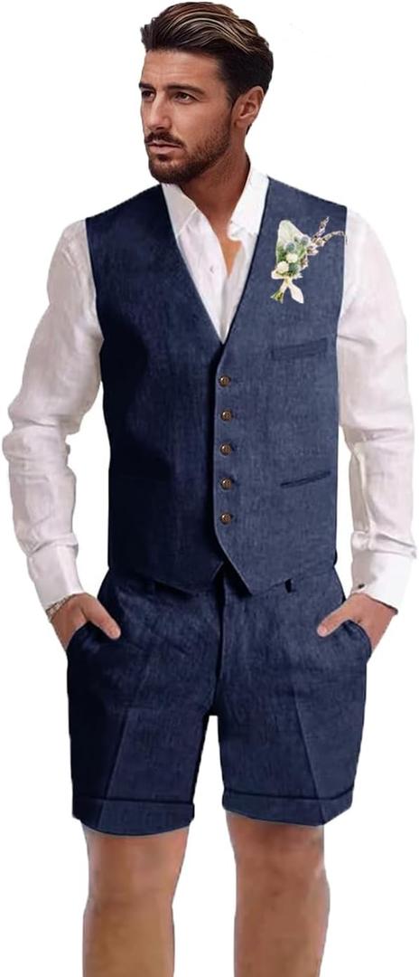 Mens Linen Suit 2 Piece Short Suits for Men Casual Summer Beach Wedding Suit Linen Vest Shorts Set (Blue, XL)