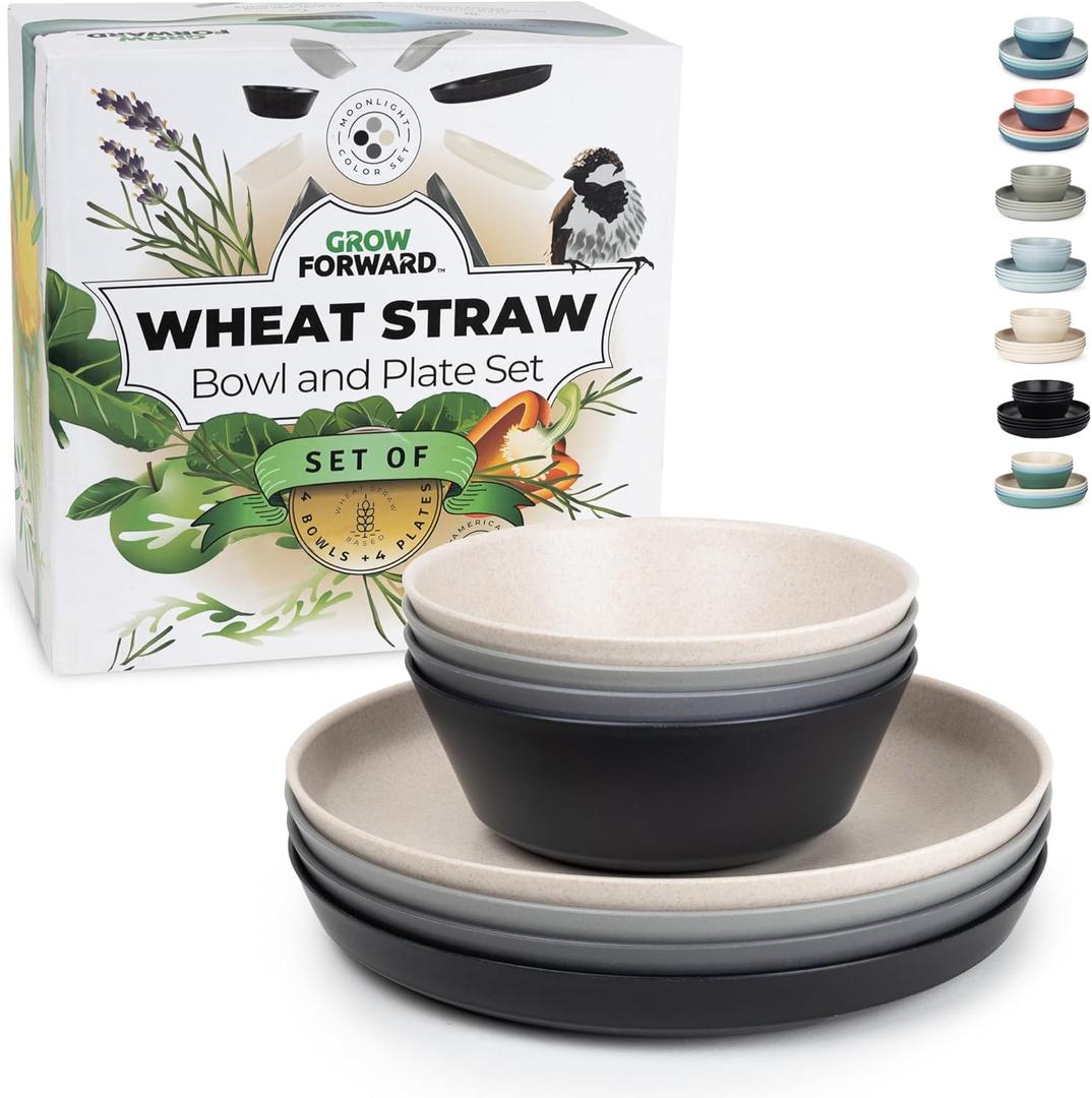 Grow Forward Premium Wheat Straw Plates and Bowls Sets - 8-Piece Wheat Straw Dinnerware Sets - Unbreakable & Reusable Microwave Safe Plastic Dinner Plates for Outdoors, RV, Camping Dishes - Moonlight