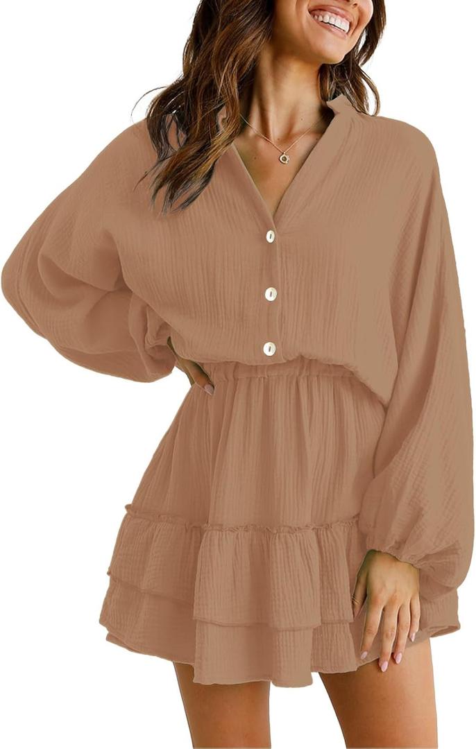 ARTFREE Women's Long Lantern Sleeves Mini Dress V Neck Button Down Ruffle Tiered Swing Fall Casual Dress (Large, Khaki)
