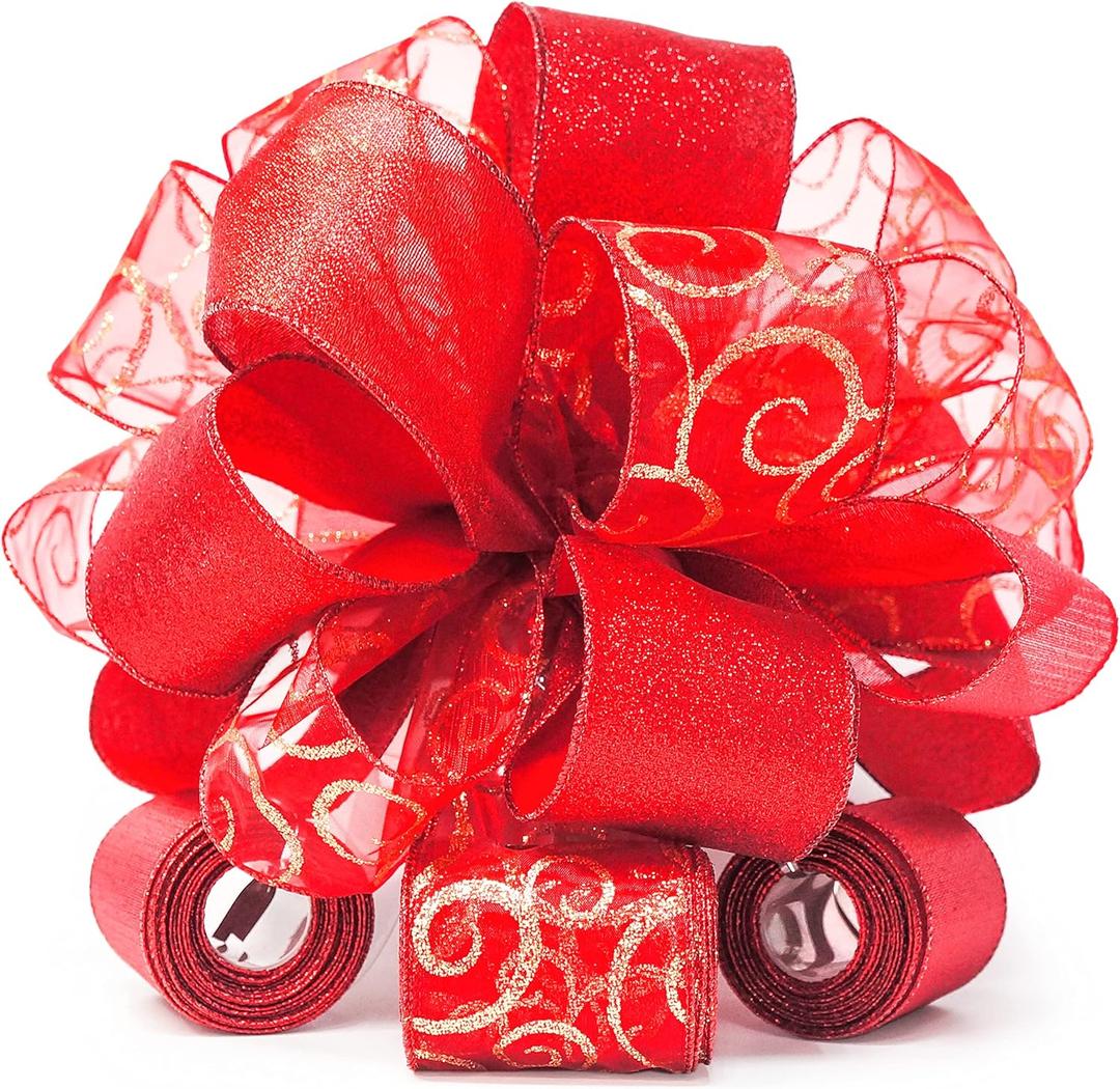 Altier 11" Wide Red Christmas Tree Topper Bow 4 Tails Streamers with 3 Yards Long Each for Home Decoration Treetop Handmade Bow Ornament Holiday Party