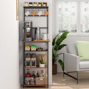 5 Tier Coffee Bar Station, Kitchen Stand with 4 S-Shaped Hooks, Farmhouse Corner Coffee Bar Cabinet for Small Spaces, Bakers Rack for Kitchen, Entryway, Living Room, 13.43"D x 18.93"W x 53.31"H, Black
